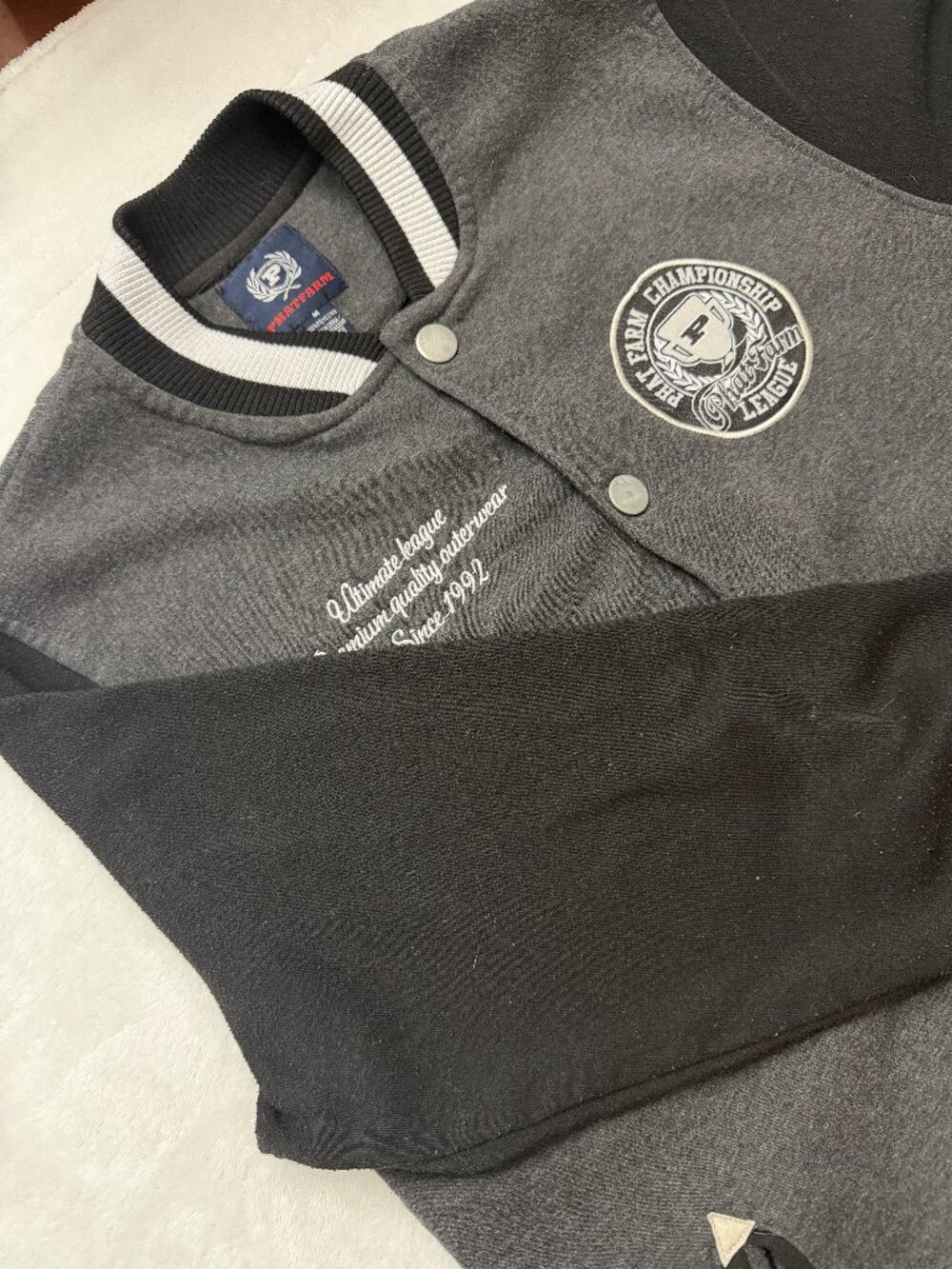 Phat Farm Varsity Jacket – Men's Medium – Gray/Black Snap Button